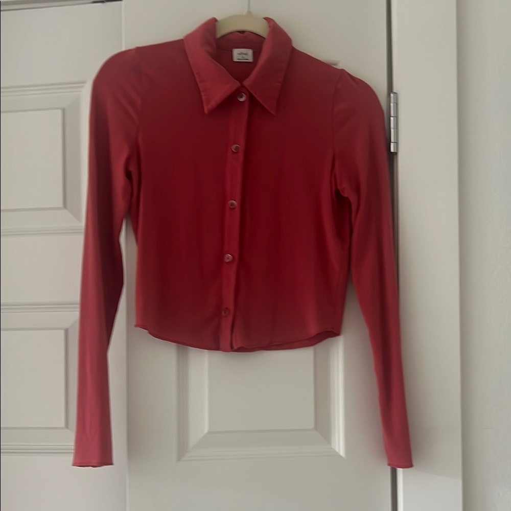 Wilfred Pink Red Cropped Long Sleeve Button Down Shirt